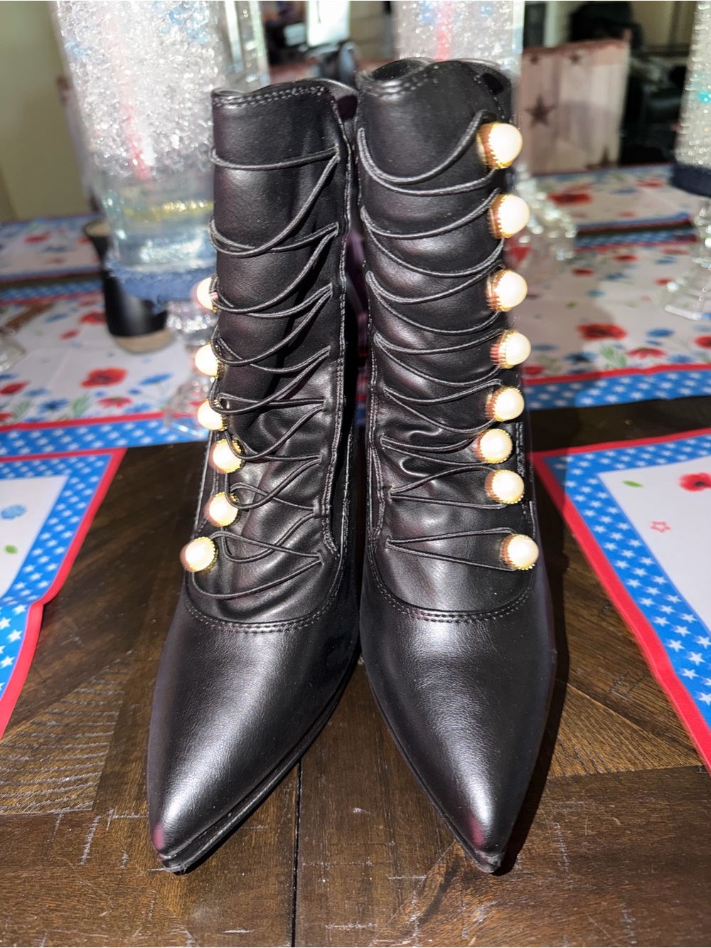 JustFab Black Lace-Up Pointed Ankle Boots with Pearl Buttons